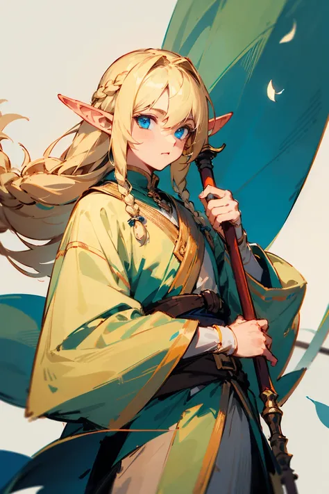 Male, long hair, Blonde, Blue eyes, braids, holding staff, Elf, Elf ears, simple clothes, flowers on hair