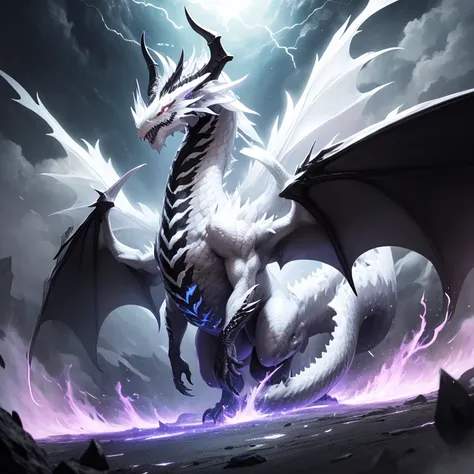 full body, shiny white dragon fire dragon, large black horns, large white wings, black storm behind, white fire dragon, black st...