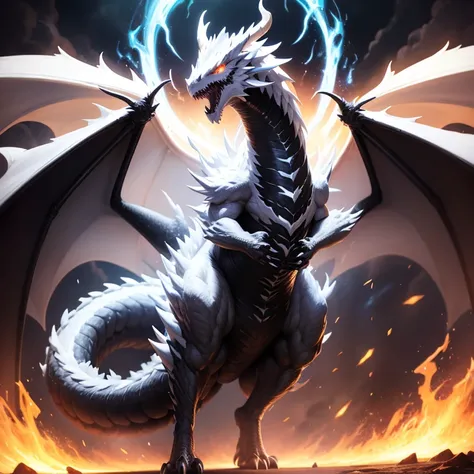 full body, shiny white dragon fire dragon, large black horns, large white wings, black storm behind, white fire dragon, black storm lightning background, white fire