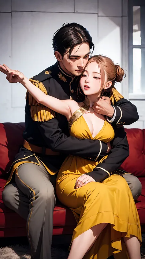 highest quality、4k quality、man sitting on sofa、woman in ancient roman costume riding man、a man in military uniform hugs a woman&...