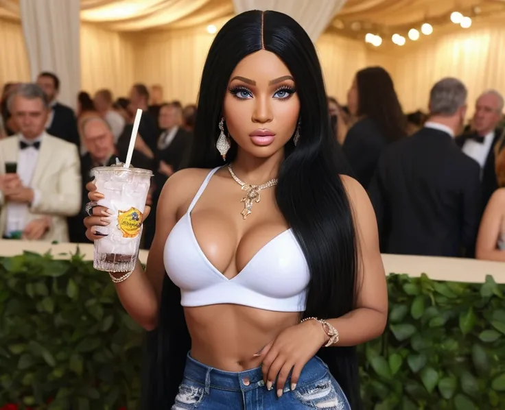 nicki minaj, beautiful white tanktop, ripped jeans, long black straight hair, holding drink, met gala, realistic, real, 8k, HD, detailed eyes, detailed lips, extremely detailed face, longeyelashes, photorealistic, high quality, cinematic lighting, masterpi...