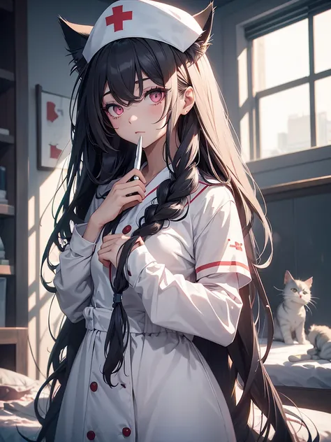 long hair, low-tied long hair, nurse cap, eyeball, The wide eyes, Cats ears, make up, Surrealism, Surrealism, Contemporary art, 真实感, image fill, silhuette, Bright dark, First person view, f/1.8, ultra HD, work of art, 16K, 8K 
