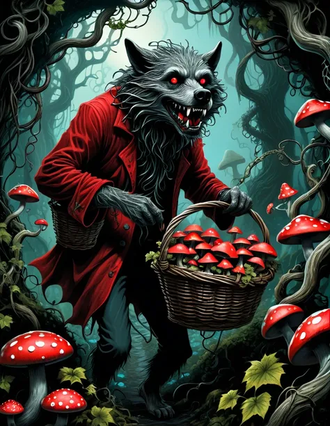 A satire and surreal picture of the red riding werewolf at an eerie gnarly otherworldly twisted, sentient vines jungle, insanely intricate details, realistic style, carrying a basket of enchanted mushrooms with bioluminescent flowers blooming on the vines,...