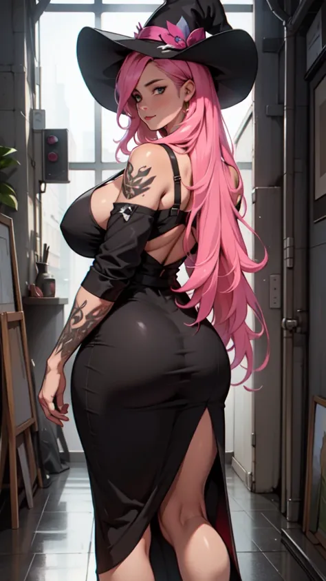 older woman, in their 30s, with long pink hair and tall, curvy body seen from behind, standing backwards, breasts big, Breasts huge, (work of art, best qualityer:1.2) wearing the legendary great black dress of the mystical sorceress, Big witch hat, standin...