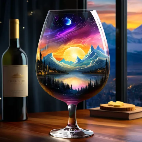 create a celestial scene within a wine glass, featuring a surreal landscape with mountains and an aurora sky. the background inc...