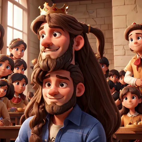 Man with long hair with crown on his head with many children around
