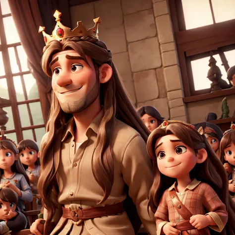 Man with long hair with crown on his head with many children around
