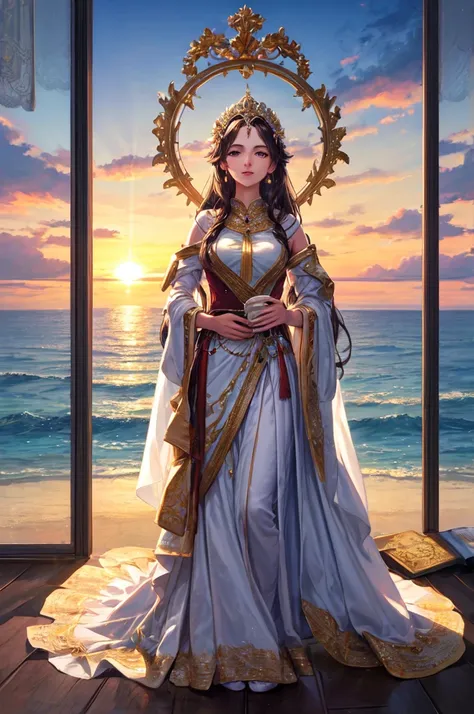 ((best quality)), ((masterpiece)), (detailed), demetra, goddess, sunrise at the sea