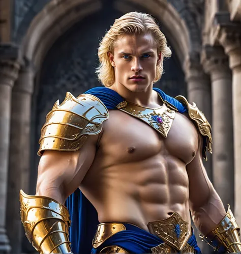 knight with golden armor, muscular, white skin, medium blond hair, blue eyes, double chin, defined jaw, rectangular face, six pack abs, with a ruby ​​splash, dreamcore, dark fantasy, 80s film style image