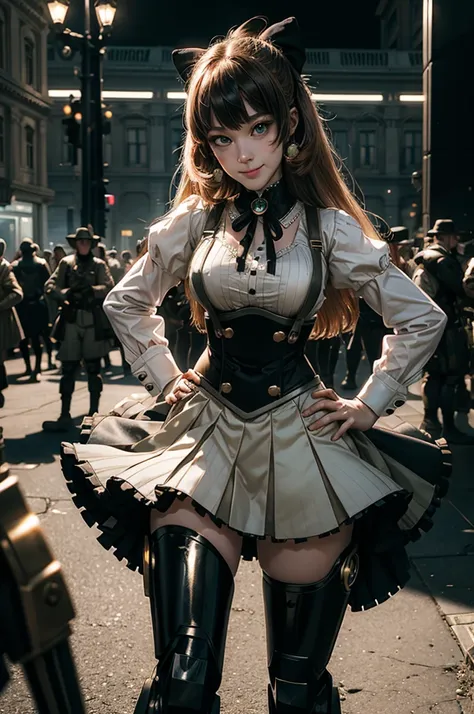 cowboy shot, dynamic pose, smile,  underbust, Penny Polendina, long hair, neck ribbon, suspender skirt, corset, black bow, white blouse, mechanical legs, neon trim, standing outside palace, people arriving for lavish gala, hands on hips, large crowd, (((cr...