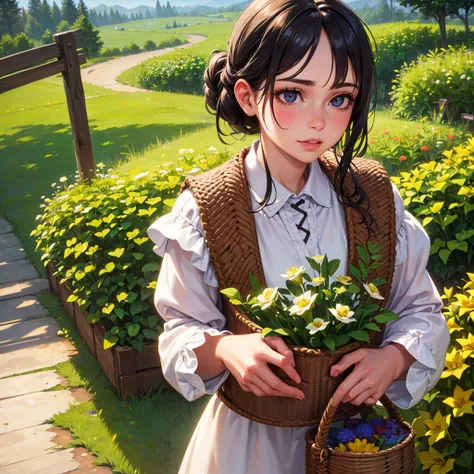 1girl, rustic girl, carrying flower basket, detailed face, beautiful eyes, long eyelashes, detailed lips, detailed nose, detailed skin, natural outdoor setting, natural lighting, warm color tones, cinematic composition, photorealistic, high resolution, 8k,...