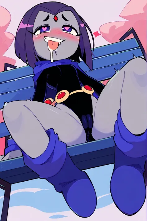 ((1girl, solo)),, raven from teen titans, full body, cartoon, 2d, sharp, grey skin , (long sleeve leotard, highleg leotard, bare legs, black leotard, latex leotard, cameltoe)looking at viewer, smile, (full body, boots), sitting on bench, spread legs,(seen ...