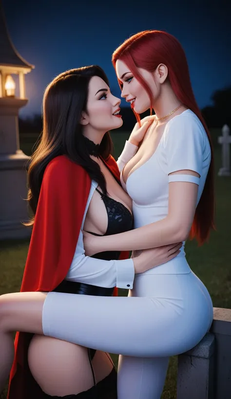 vampire teeth , ((((nighttime))) , 2girls,looking at each other in the eye, long hair , RAW photo, high quality, film grain,simple background, presenting, beautiful, (black and red lined satin cloak tied at the neck:1.20) , biting necks , breasts,big ass, ...