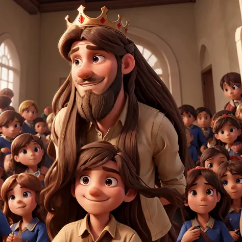 Man with long hair with crown on his head with many children around
