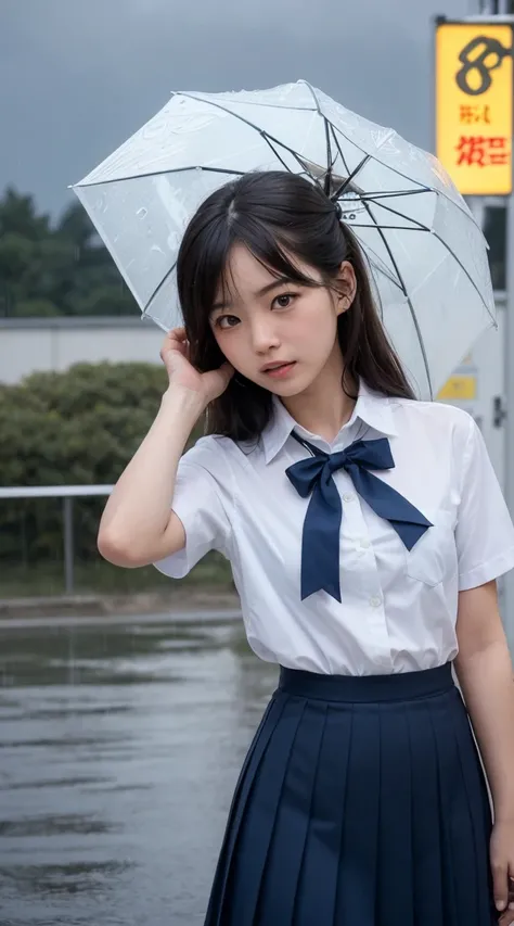 (high quality), (Realistic photos)、((Rainy nature park:1.5))、((Dark rainy sky:1.4))、((Rain-soaked hair:1.4))、((A Japanese man talks to a confused high school girl and her:1.4)) 、((A long-haired high school girl wearing a Japanese uniform:1.4))、((Photograph...