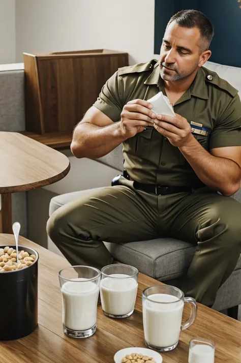 Policeman eating cereal with milk 