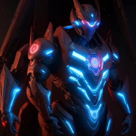 Dronificated unknown man in a fully enclosed white latex fullbody heavy armor with red lights across the suit and star shaped glowing core in the chest, fully enclosed cyber helmet that cover his whole face and hides his identity with a red screen that has...