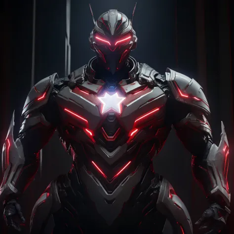 Dronificated unknown man in a fully enclosed white latex fullbody heavy armor with red lights across the suit and star shaped glowing core in the chest, fully enclosed cyber helmet that cover his whole face and hides his identity with a red screen that has...