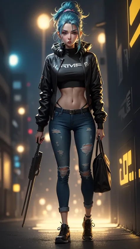 woman walking down the street in a black top and orange pants, roupa estilo cyberpunk, tons de laranja e preto, preto e laranja,...