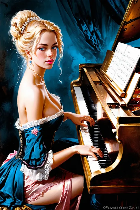 Victorian Hungarian women Women of the 18th century, playing piano, Light Blonde hair, Pink lips, Nice features, Wadim Kashin, James Gurney, ink, Splash Art, Amazing beauty, Royo, after sexing, Super detailed splash art modern European oil ink painting, Mi...