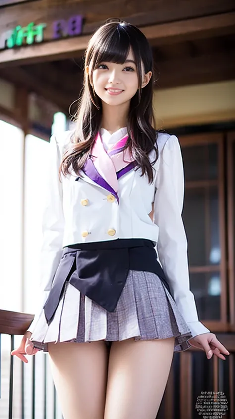 (Showing off her panties女子高校生ひとり)、(Lift up your skirt:1.5)、(White blazer　Pale purple pleated skirt)、Front low angle:1.5、(Showing off her pantieasterpiece、Highest quality、Highest quality)), (Super detailed), (8K ),Raw color photography, Professional photogr...