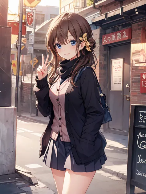 smile,best smile,double peace,cardigan,miniskirt,masterpiece,best quality,ultra detailed,high resolution,extremely detailed cg, ...