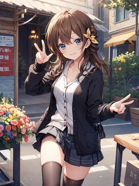 smile,best smile,double peace,cardigan,miniskirt,masterpiece,best quality,ultra detailed,high resolution,extremely detailed cg, ...