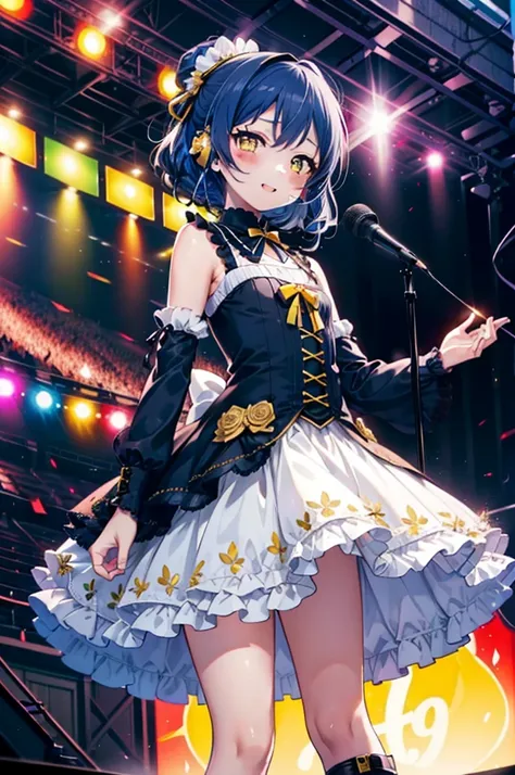 umi sonoda, long hair, blue hair, (yellow eyes:1.5) (flat chest:1.2),happy smile, smile, open your mouth,アイドルsingerがライブstageで熱狂的...