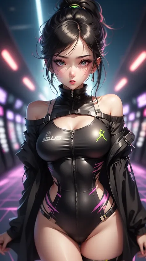 ((masutepiece)), Best Quality, absurderes, ultra-detailliert, Holographic, Cowboy Shot, Dynamic Pose, Golden ratio, Super cute girl, Mature girl, Idol girl, Super beautiful asian girl with very beautiful purple glowing eyes, Beautiful shiny brown multicolo...