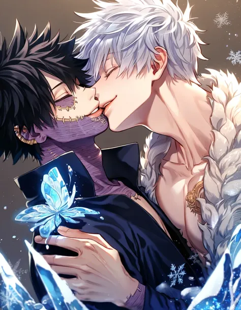 absurdres, highres, ultra detailed, HDR, master piece, best quality, extremely detailed face, delicated features, Dabi, black hair, closed eyes, Boku No Hero Academia, Gojou Satoru, white hair, closed eyes, white eyelashes, two sexy men kissing, yaoi, gay ...