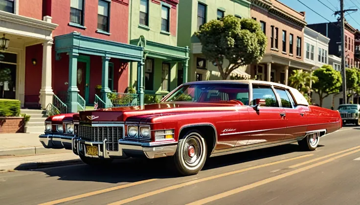 Generate an image of a 1970s red Cadillac with a tan interior driving down a sunny American street. The car should have a sleek, vintage design with chrome details and a large size, capturing the classic vibe of the era. The background should feature some ...