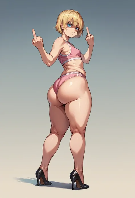 Young woman, looking at viewer, blue eyes, blonde hair, pink underwear, stand, fat ass, small breasts, black heels, angry, detailed, detailed eyes , middle finger, short hair, big ass, fat legs,