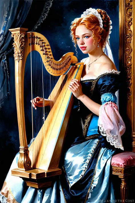 victorian hungarian women women of the 18th century, elegant dress, playing harp, light ginger hair, pink lips, nice features, w...