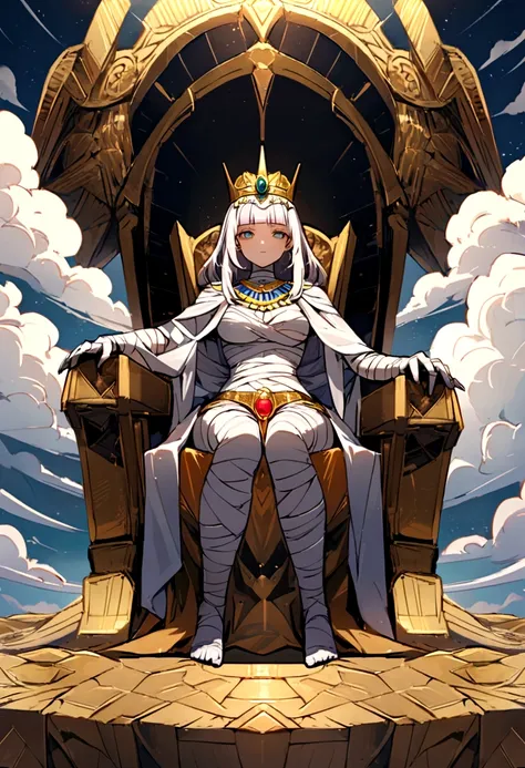 Throne made by cloud formation , in the sky , front perspective , throne is literally made of clouds , divine seat , egyptian mummy sitting royally 