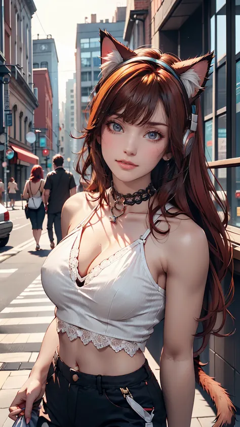 24 year old Caucasian female、Red hair、Inner Color((colored inner hair))、Triple tail((tri tails))、Gradient color hairstyle ((gradient hair))、Long eyelashes((longeyelashes))、High neck/Halter neck((high neck halter neck))Wear tops、Wear hot pants、Cat ear headp...