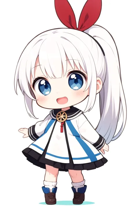 chibi, flat color, solo, full body, cute, (highest quality), blue eye, long hair, white hair, white clothes, side ponytail, Beam with laughter, open mouth, white background, (masterpiece)