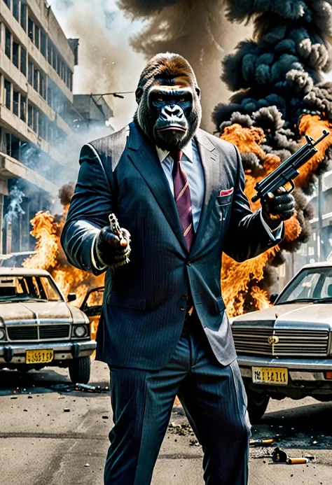 A gorilla in a suit looking evil with an AK-47 in both hands, burning cars behind and smoking a cigarette