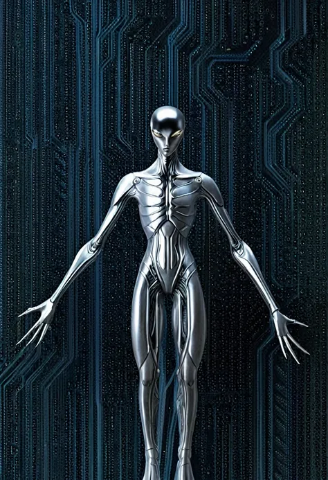 an alien emissary with a thin body and long arms has an intriguing and imposing appearance. his skin is a silvery metallic tone....