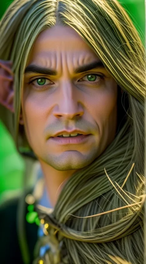 a full-body elf ranger wearing leather armor, his aged green boots show that his adventures are many, he holds his elven lingo b...