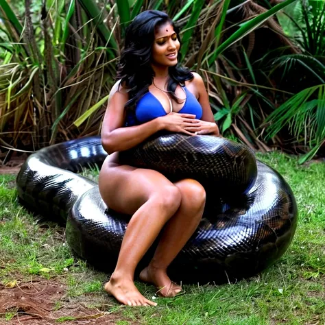 Pregnant   Happy Horny, aroused 1girl), beautiful kneeling indian young teen girl  with  giant colossal black titanboa squeezing her hard, wrapped in thick spiraling coils, constricted, struggle, gasping for air, snake attack, snake peril, moonless night, ...