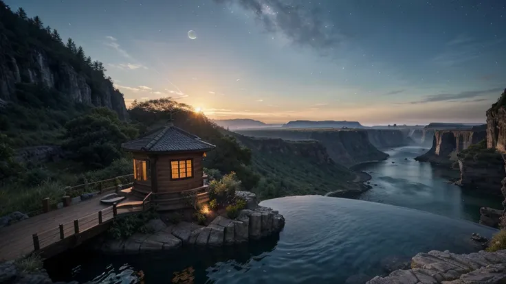 Night view,8K,Highest quality,live-action,Aké, arch, corner, rockerie, wood, water flowing, landscape, Outdoor, waterfall, Pasture, rock, stream, moon, Night Sky, Night view, hot spring, vapor, Great composition, darkness, moonlight, High-resolution detail...