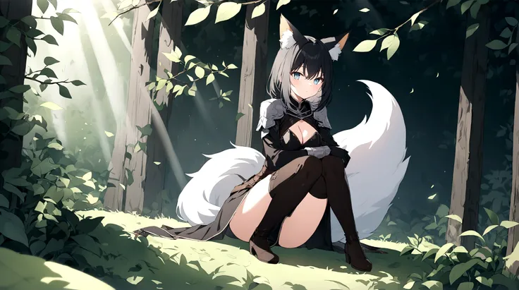 (1girl, Masterpiece, best quality) (detailed and beautiful eyes:1.6) (perfect hands, perfect anatomy) ((full body)) ((more Adult body)) fox-girl Misaki has (short black hair styled in a slightly tousled manner) and (her fox ears are perked up attentively.)...