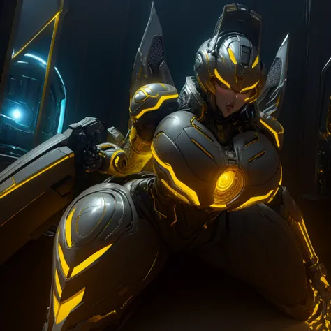 (masterpiece), (best quality), (high res) Solo, (perfect anatomy) Dronificated unknown woman , (enclosed gray full body armor), (yellow lights), (yellow circular glowing core in the chest), (enclosed cyber helmet), mechanical wings, (yellow screen visor), ...