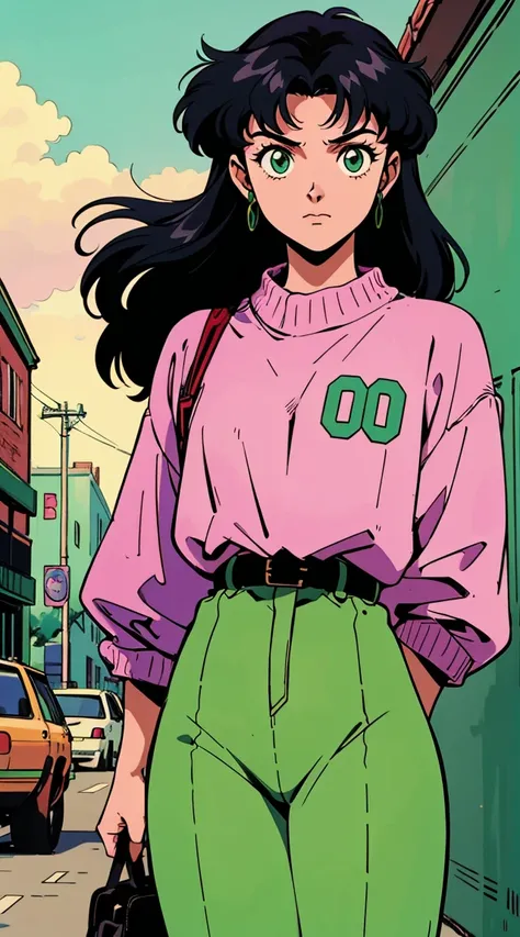 Best image quality, 90s style anime, 21 year old girl, Misato Katsuragi Style, Black Hair, Long Hair, Bright green eyes, Wear 90s fashion clothes , Busy Street, 90s Street 