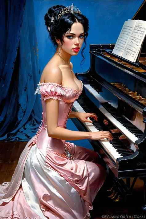 Victorian Hungarian women Women of the 19th century, Elegant Dress, playing piano, Gorgeous Black hair, Pink lips, Nice features, Wadim Kashin, James Gurney, ink, Splash Art, Amazing beauty, Royo, after sexing, Super detailed splash art modern European oil...