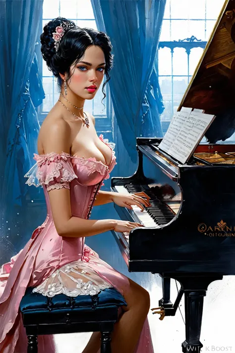 Victorian Hungarian women Women of the 19th century, Elegant Dress, playing piano, Gorgeous Black hair, Pink lips, Nice features, Wadim Kashin, James Gurney, ink, Splash Art, Amazing beauty, Royo, after sexing, Super detailed splash art modern European oil...