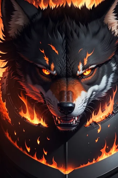 a detailed fire wolf, angry expression, glowing fire eyes, intense fire effects, dark background, detailed fur, powerful pose, dramatic lighting, cinematic composition, photorealistic, 8k, high quality