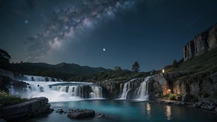 Night view,8K,Highest quality,live-action,Aké, arch, corner, rockerie, wood, water flowing, landscape, Outdoor, waterfall, Pasture, rock, stream, moon, Night Sky, Night view, hot spring, vapor, Great composition, darkness, moonlight, High-resolution detail...