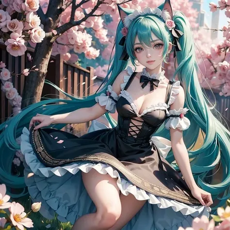 Hatsune Miku, long hair, aqua hair, twintails, cat ears, animal ears, long flowing hair, floating hair, ornament hair, perfectly body, perfectly hands, dark pink rose on hair, maid, maid dress, maid headdress, maid apron, white apron, on street, petals in ...