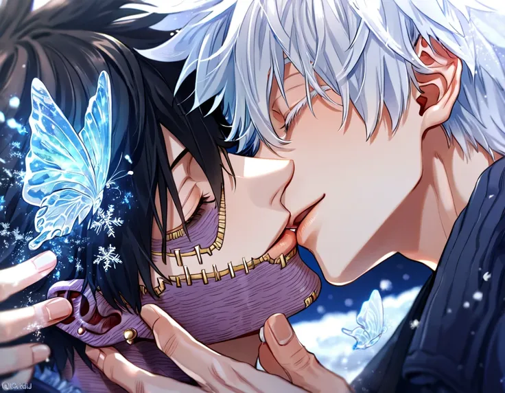 absurdres, highres, ultra detailed, HDR, master piece, best quality, extremely detailed face, delicated features, Dabi, black hair, closed eyes, Boku No Hero Academia, Gojou Satoru, white hair, closed eyes, white eyelashes, two sexy men kissing, yaoi, gay ...